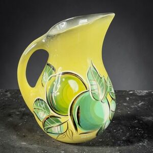 Sascha Brastoff Yellow Lime Ceramic Pitcher‎ Hand Painted Gold Gilt Mid Century